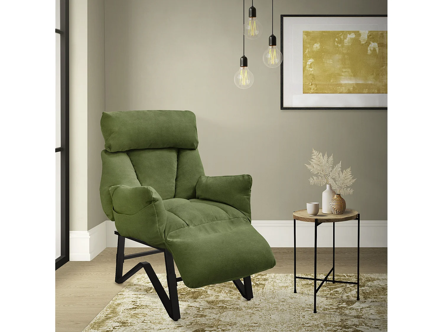 Fauteuil relax vert en lin structure acier dossier et repose-pied réglables accoudoirs rabattables siège inclinable rembourré chaise longue lecture