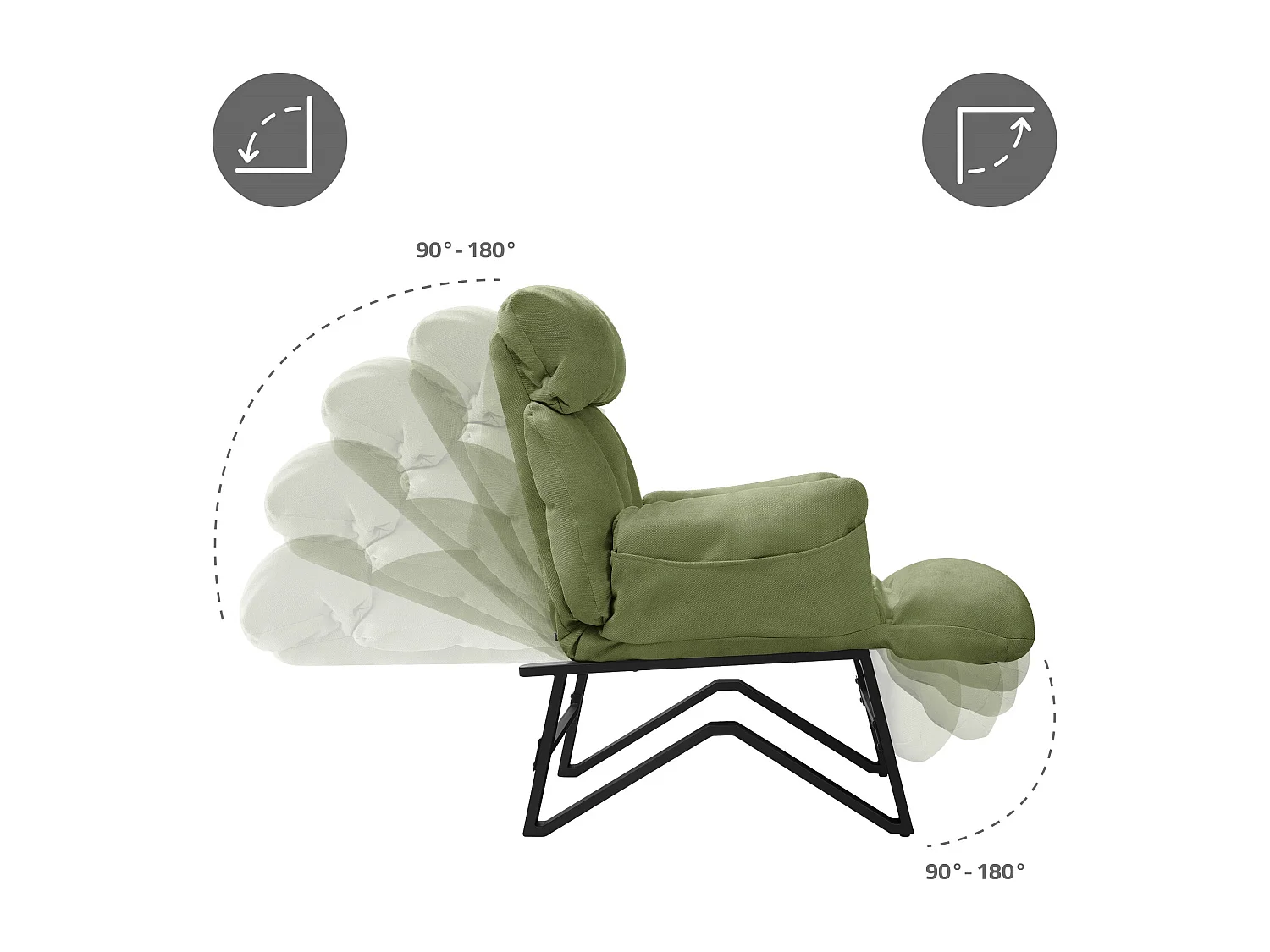 Fauteuil relax vert en lin structure acier dossier et repose-pied réglables accoudoirs rabattables siège inclinable rembourré chaise longue lecture