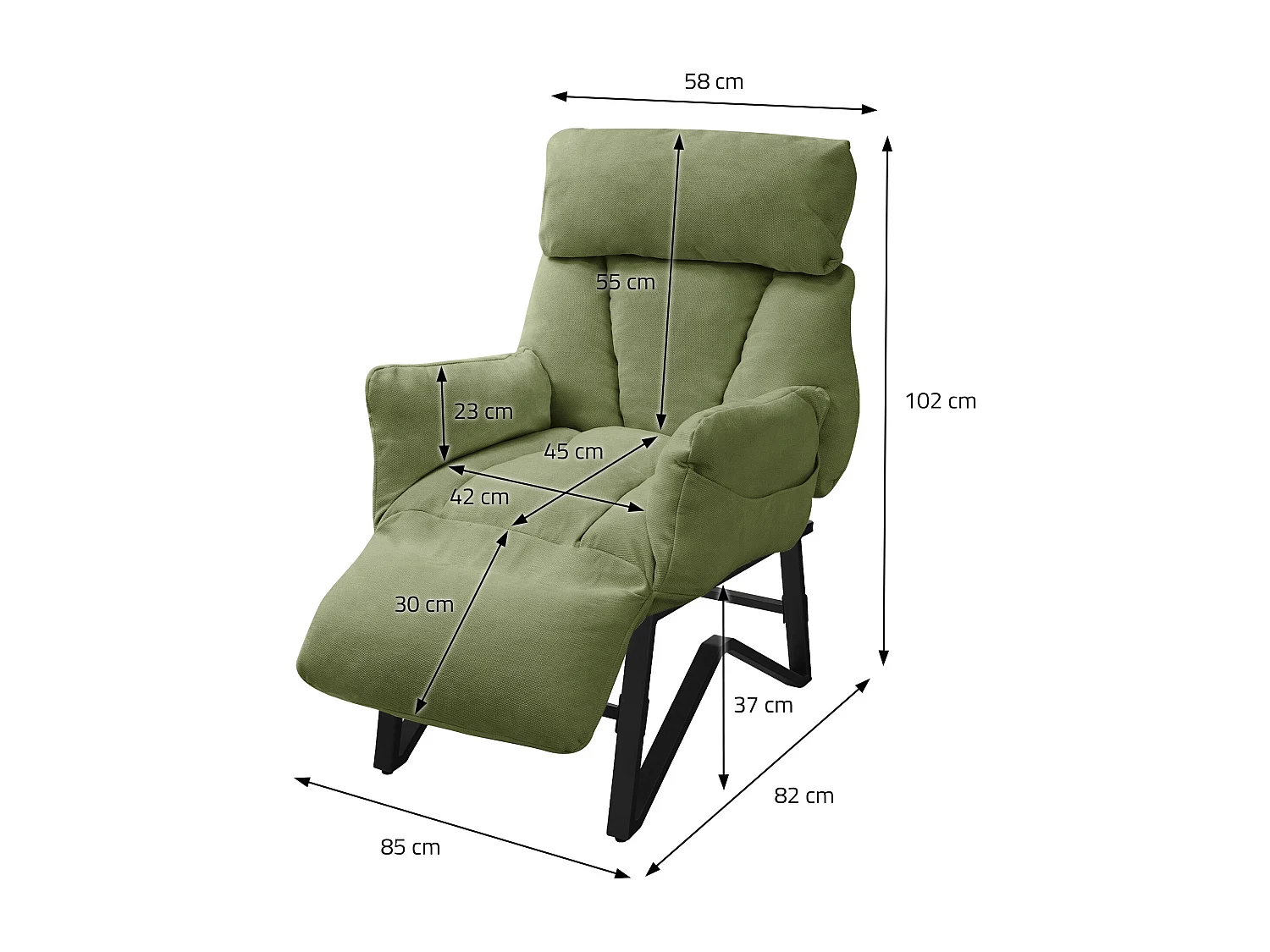 Fauteuil relax vert en lin structure acier dossier et repose-pied réglables accoudoirs rabattables siège inclinable rembourré chaise longue lecture