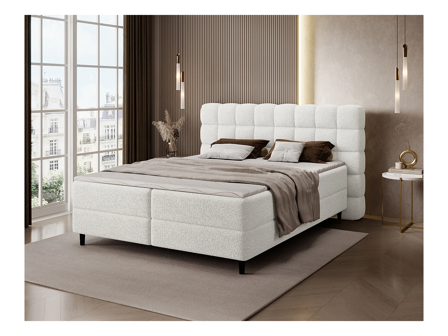 Boxspringbett Bernex/Bettkasten/Matratzen&Topper/Stoffbezug-Bouclé/Weiss