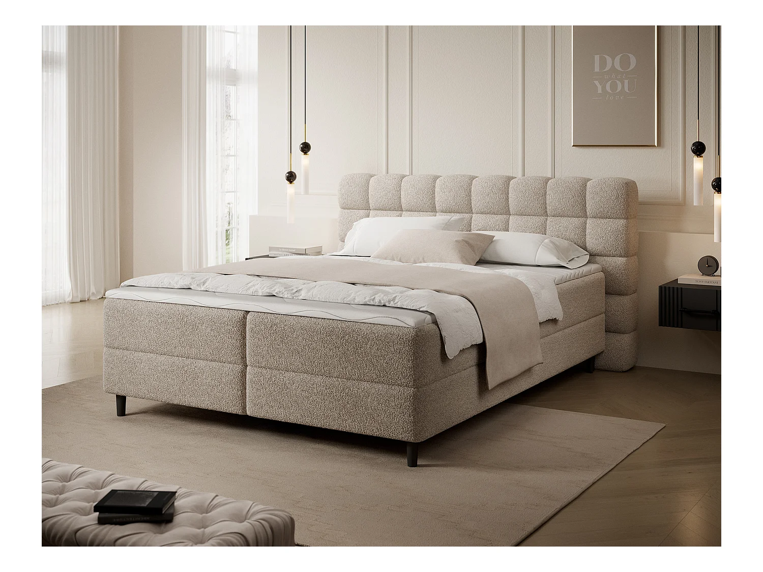 Boxspringbett Bernex/Bettbox/Matratzen&Topper/Stoffbezug-Bouclé/Beige/