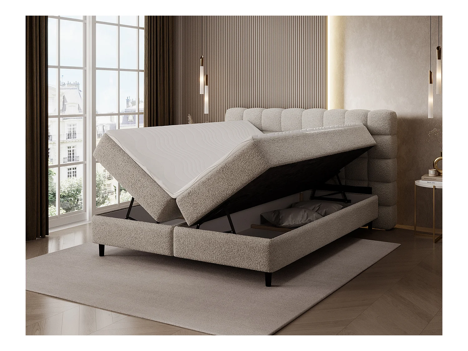 Boxspringbett Bernex/Bettbox/Matratzen&Topper/Stoffbezug-Bouclé/Beige/