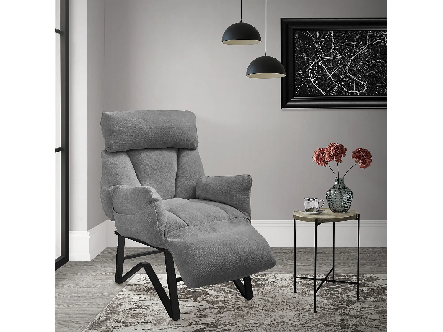 Fauteuil relax gris en lin structure acier dossier et repose-pied réglables accoudoirs rabattables siège inclinable rembourré chaise longue lecture