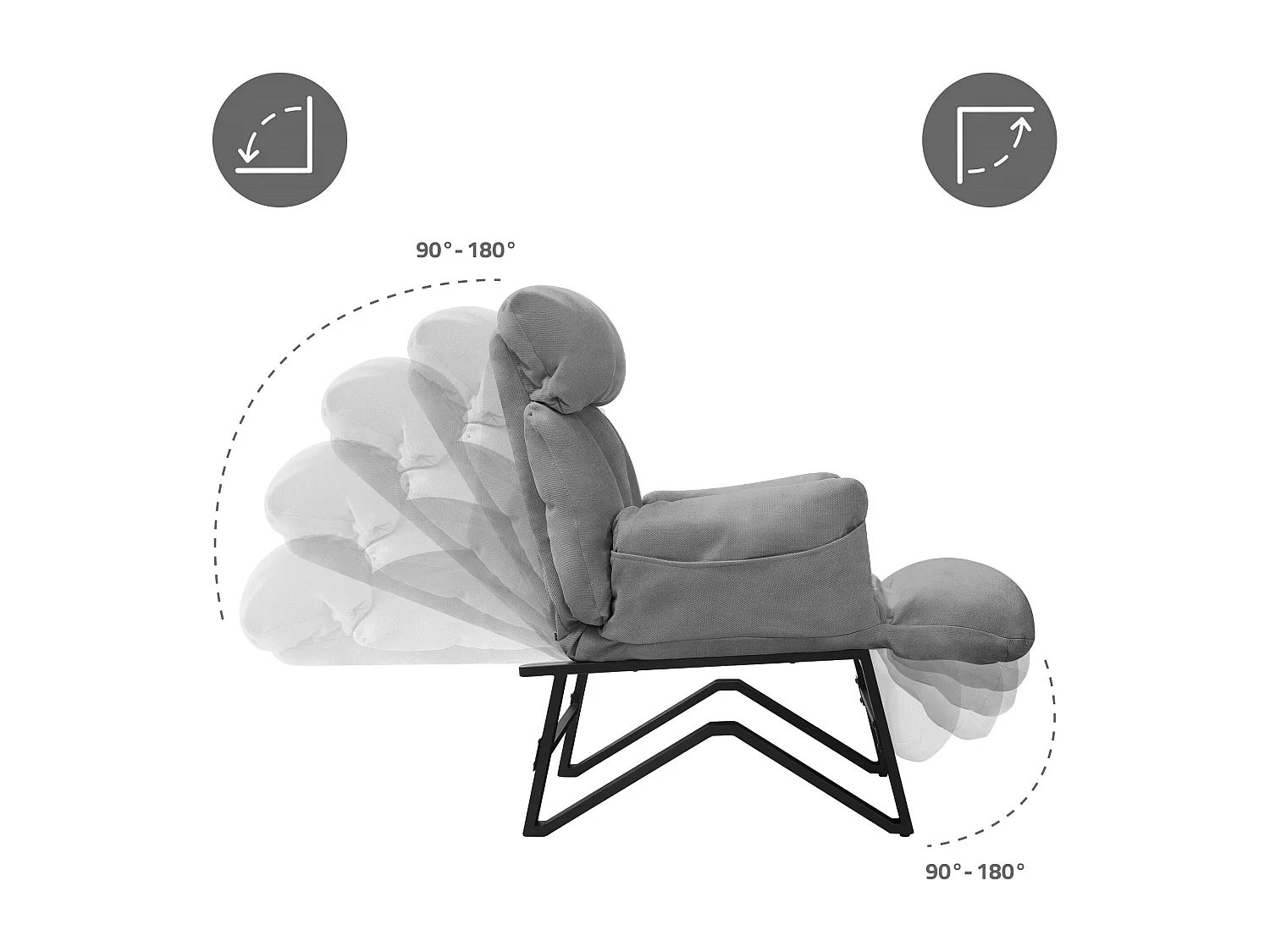 Fauteuil relax gris en lin structure acier dossier et repose-pied réglables accoudoirs rabattables siège inclinable rembourré chaise longue lecture