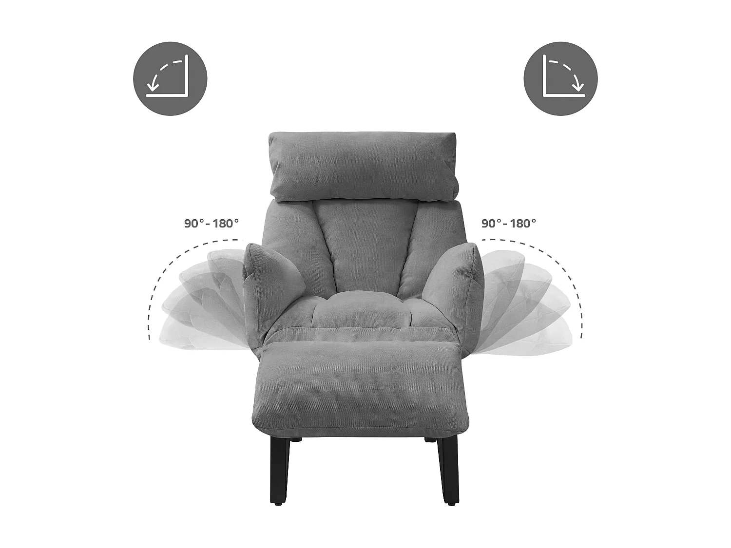 Fauteuil relax gris en lin structure acier dossier et repose-pied réglables accoudoirs rabattables siège inclinable rembourré chaise longue lecture