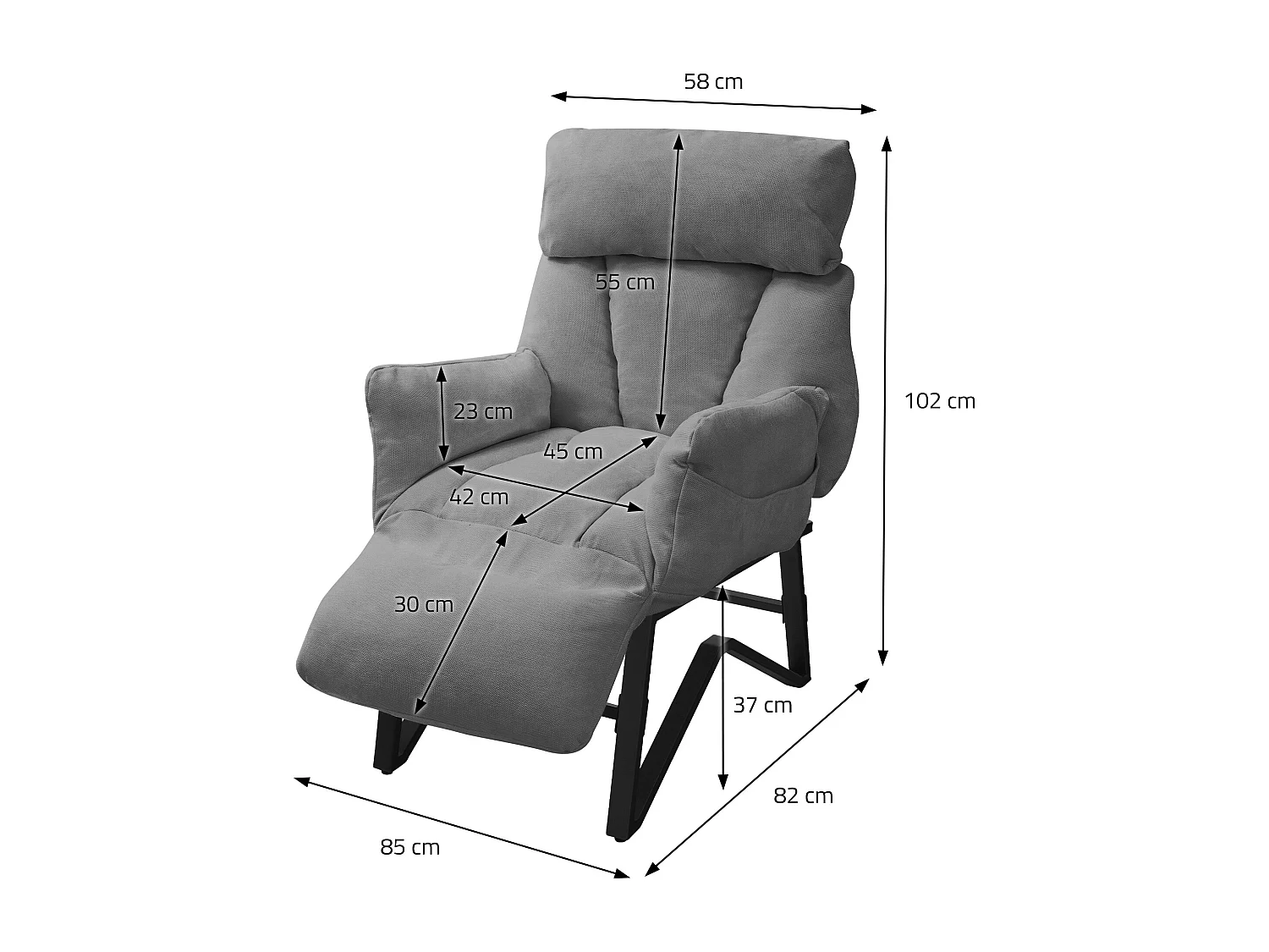 Fauteuil relax gris en lin structure acier dossier et repose-pied réglables accoudoirs rabattables siège inclinable rembourré chaise longue lecture
