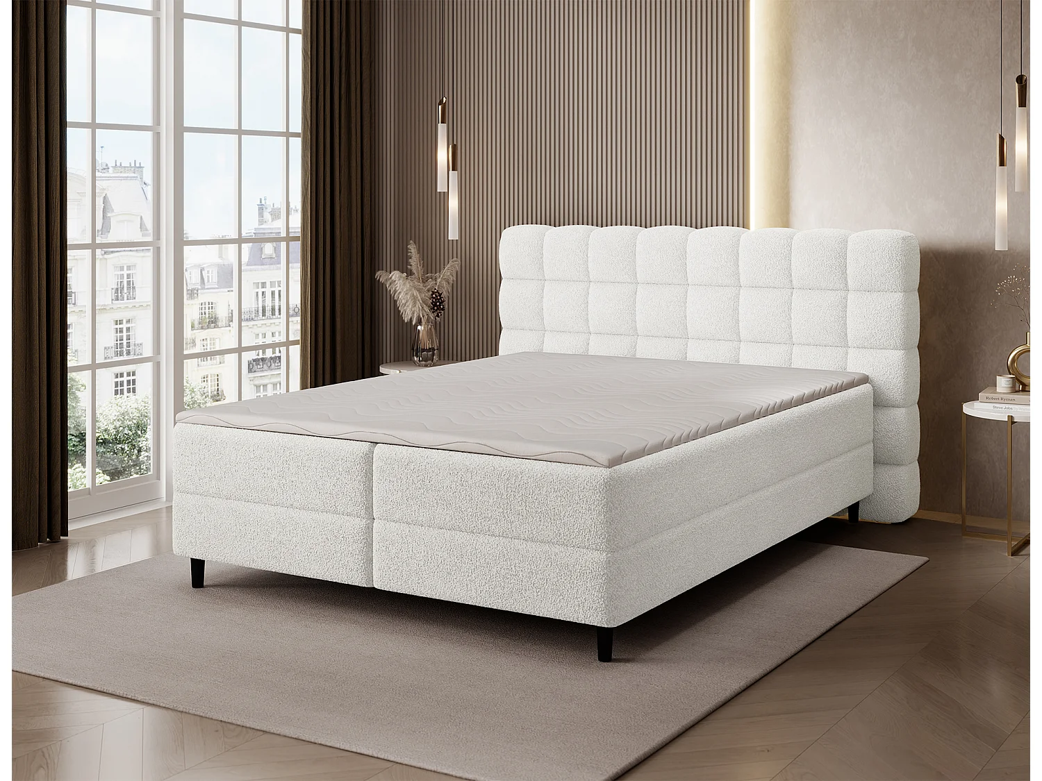 Boxspringbett Bernex/Bettkasten/Matratzen&Topper/Stoffbezug-Bouclé/Weiss