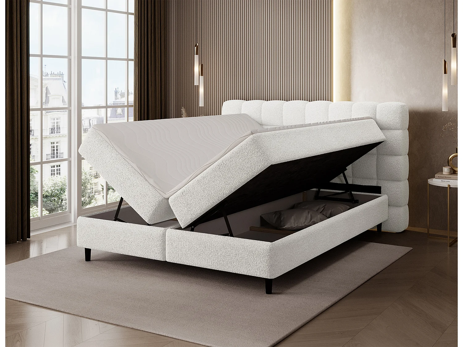 Boxspringbett Bernex/Bettkasten/Matratzen&Topper/Stoffbezug-Bouclé/Weiss