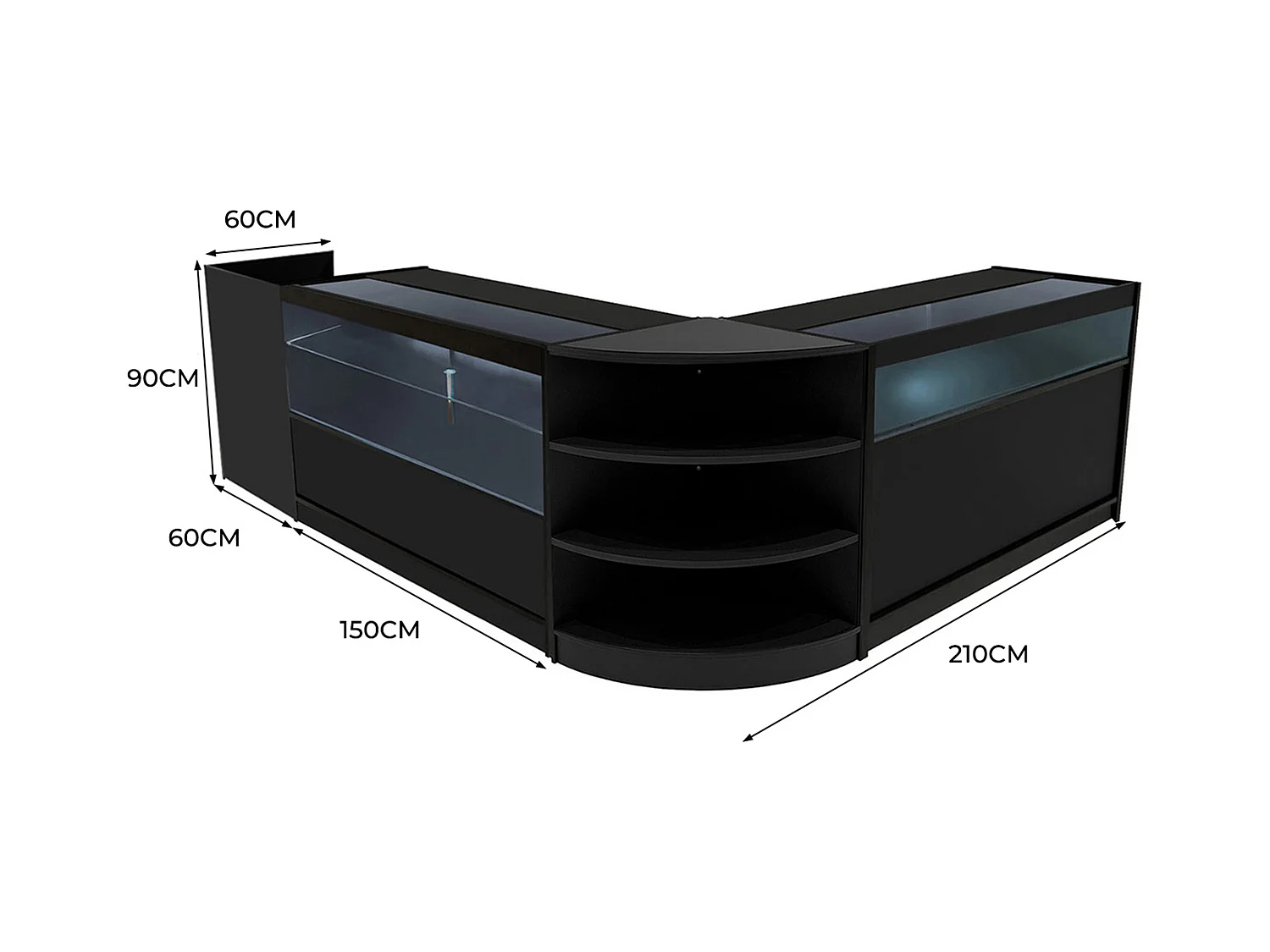 Conjunto de BalcÃµes Comerciais com Luz LED "EUROPA" LM60 + B1500 + C1500 + TB60 â€“ cor Preto