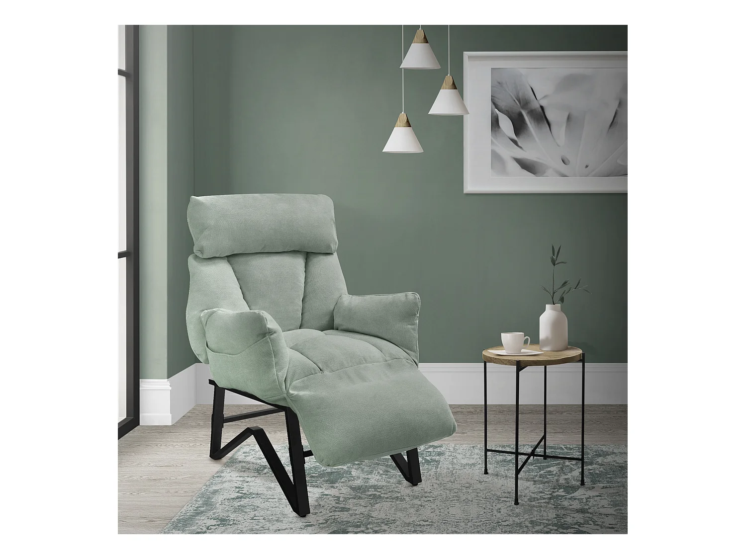 Fauteuil relax gris-vert en lin structure acier dossier et repose-pied réglables accoudoir rabattable siège inclinable rembourré chaise longue lecture