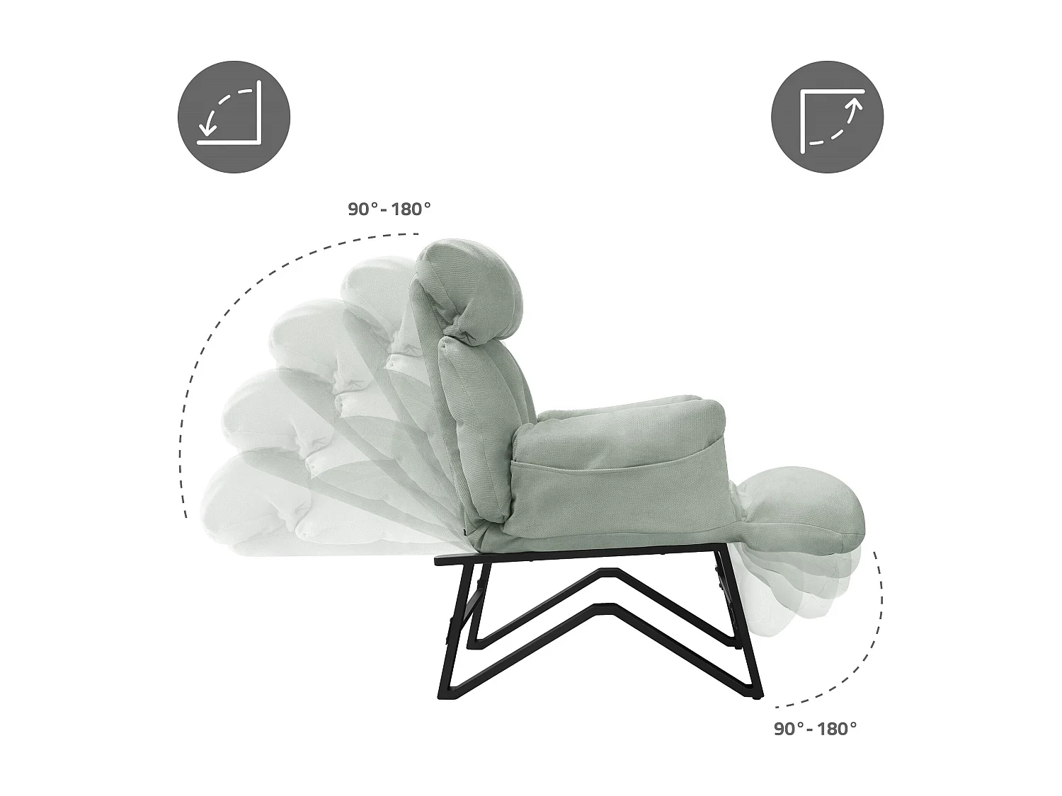 Fauteuil relax gris-vert en lin structure acier dossier et repose-pied réglables accoudoir rabattable siège inclinable rembourré chaise longue lecture