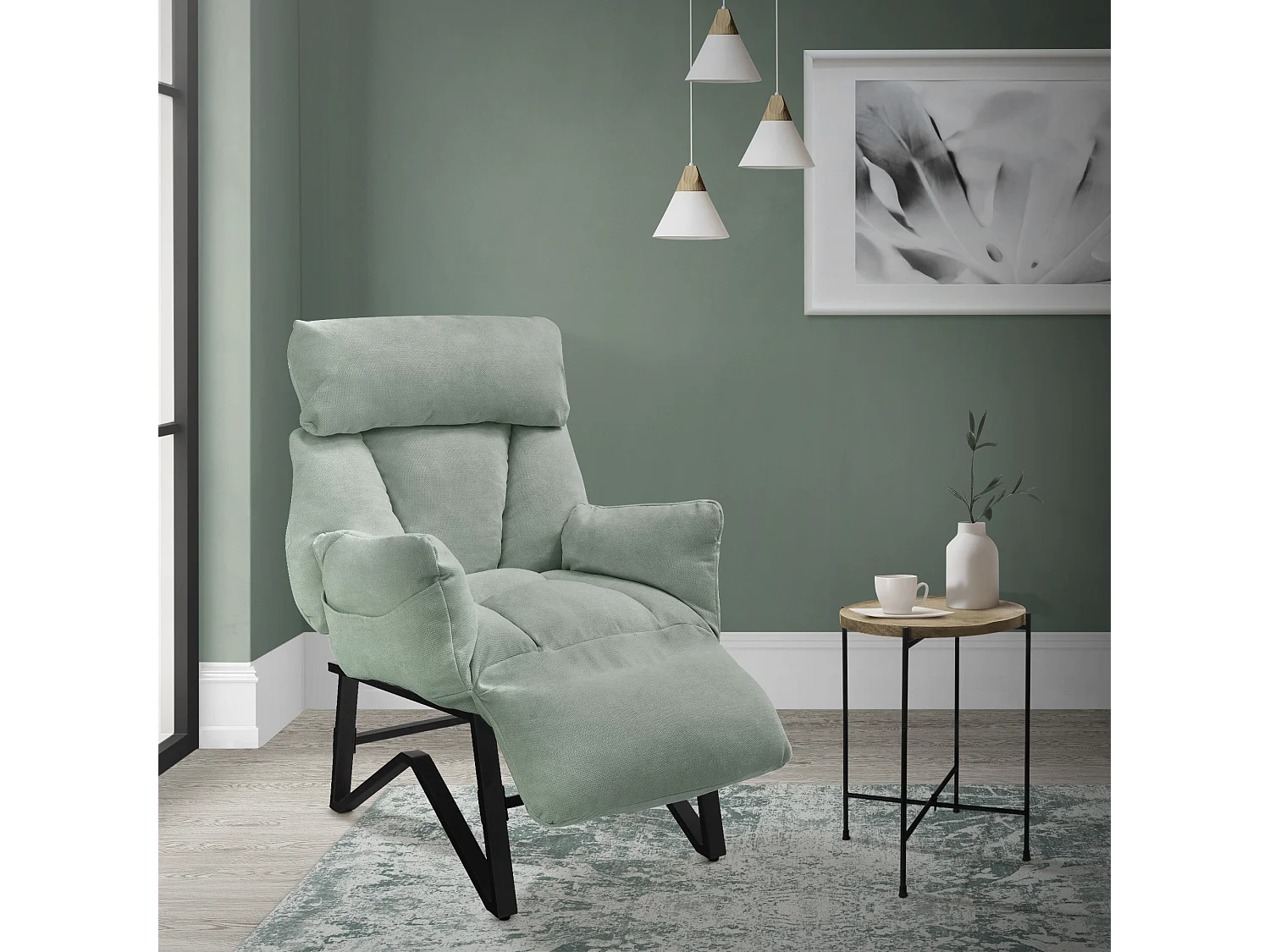 Fauteuil relax gris-vert en lin structure acier dossier et repose-pied réglables accoudoir rabattable siège inclinable rembourré chaise longue lecture