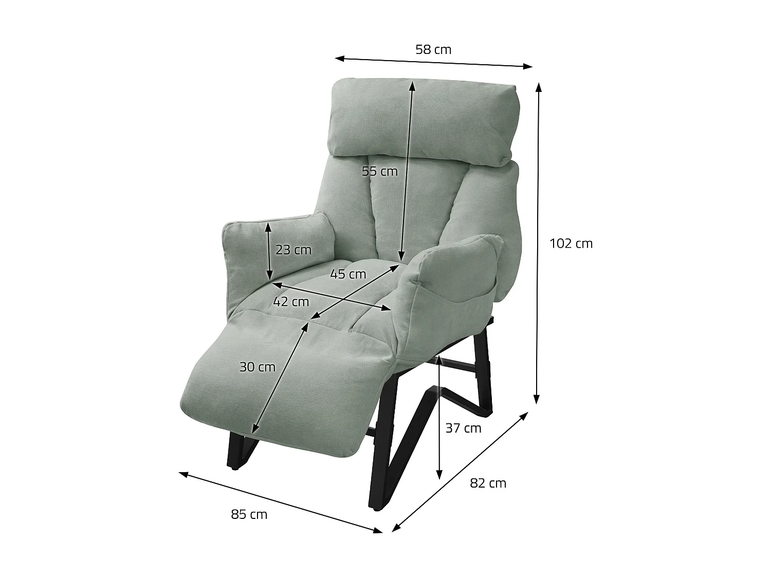 Fauteuil relax gris-vert en lin structure acier dossier et repose-pied réglables accoudoir rabattable siège inclinable rembourré chaise longue lecture