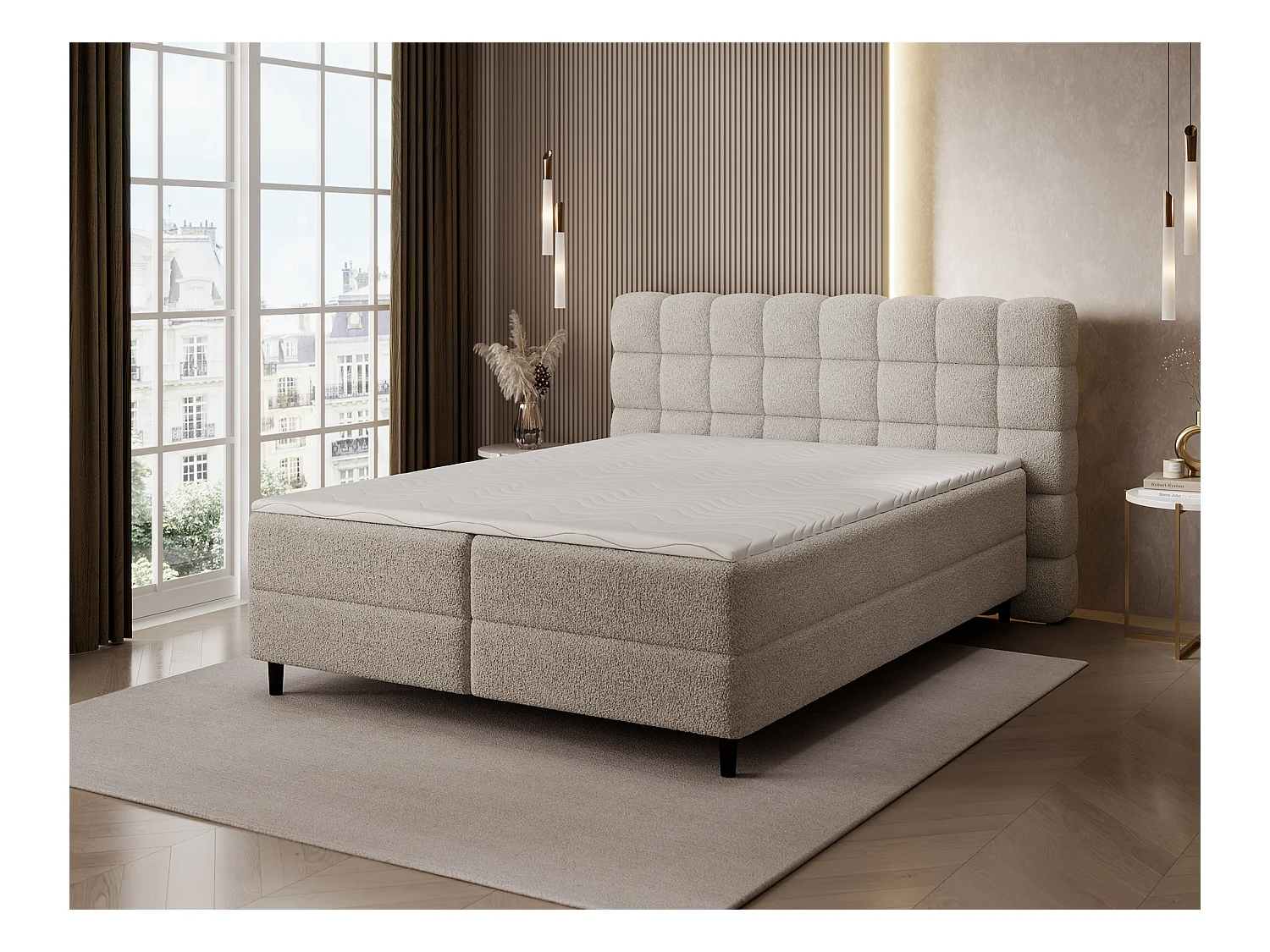 Boxspringbett Bernex/Bettkasten/Matratzen&Topper/Stoffbezug-Bouclé/Beige