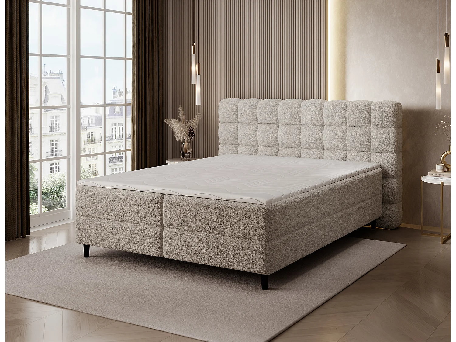 Boxspringbett Bernex/Bettkasten/Matratzen&Topper/Stoffbezug-Bouclé/Beige