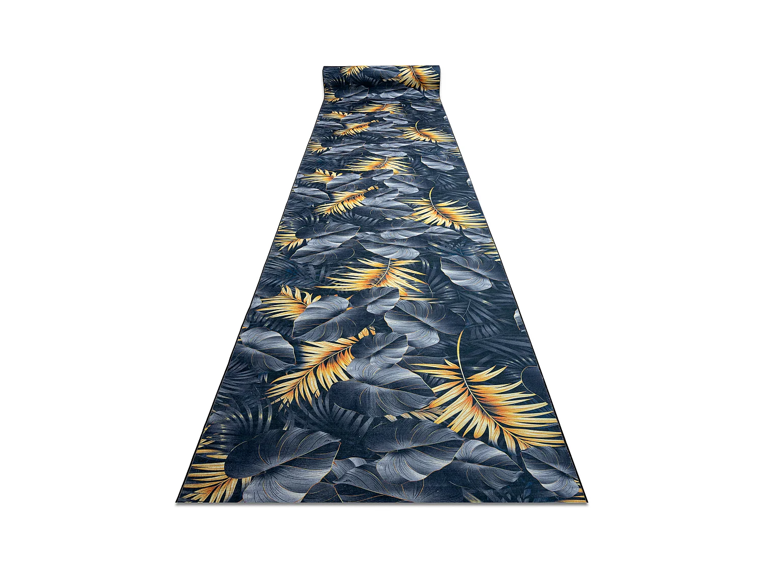 TAPIS DE COULOIR antidérapant LOTUS FERNS 45270 Feuilles gris / L'or  80x730 cm