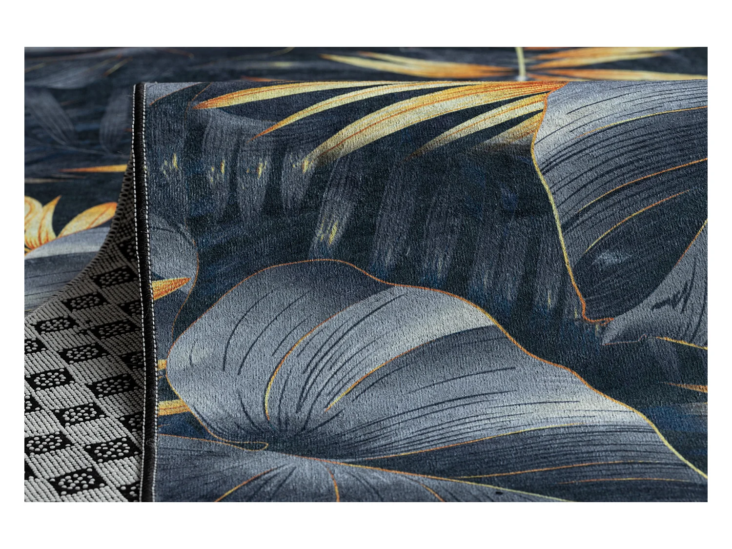 TAPIS DE COULOIR antidérapant LOTUS FERNS 45270 Feuilles gris / L'or  80x440 cm