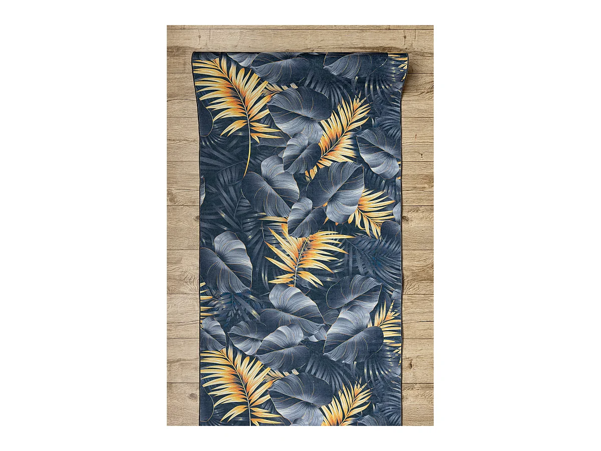 TAPIS DE COULOIR antidérapant LOTUS FERNS 45270 Feuilles gris / L'or  60x600 cm