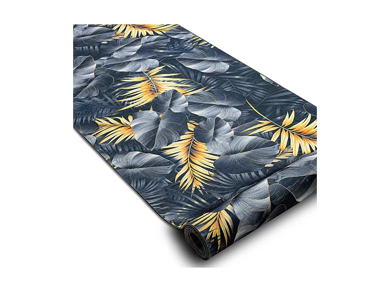 TAPIS DE COULOIR antidérapant LOTUS FERNS 45270 Feuilles gris / L'or  120x380 cm