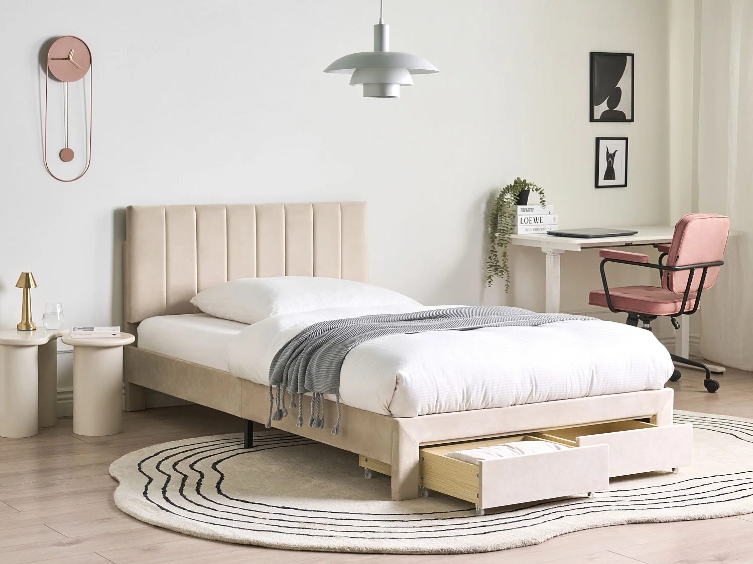 Bed with Storage Drawers LONZAC Velvet Beige 120 x 200 cm (EU Small Double)