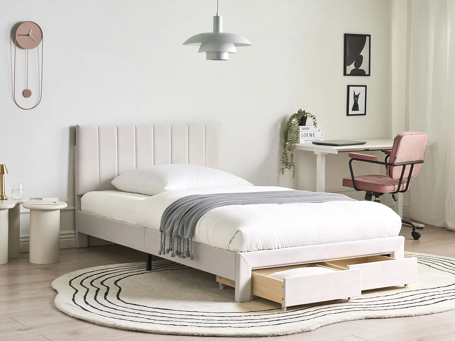Bed with Storage Drawers LONZAC Velvet Off-White 120 x 200 cm (EU Small Double)