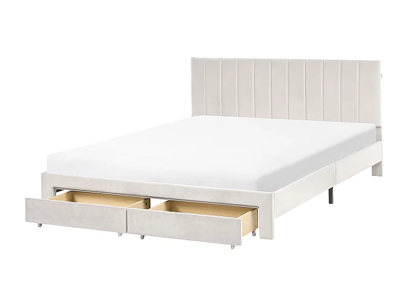 Lit avec tiroirs de rangement Velours LONZAC 160 x 200 cm Blanc cassé