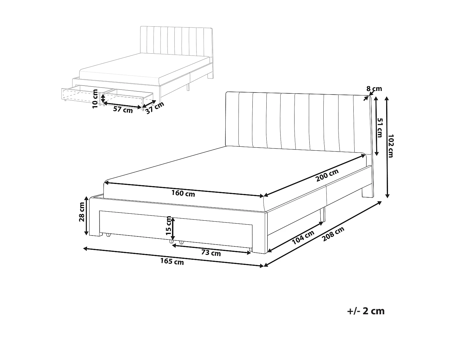 Lit avec tiroirs de rangement Velours LONZAC 160 x 200 cm Blanc cassé