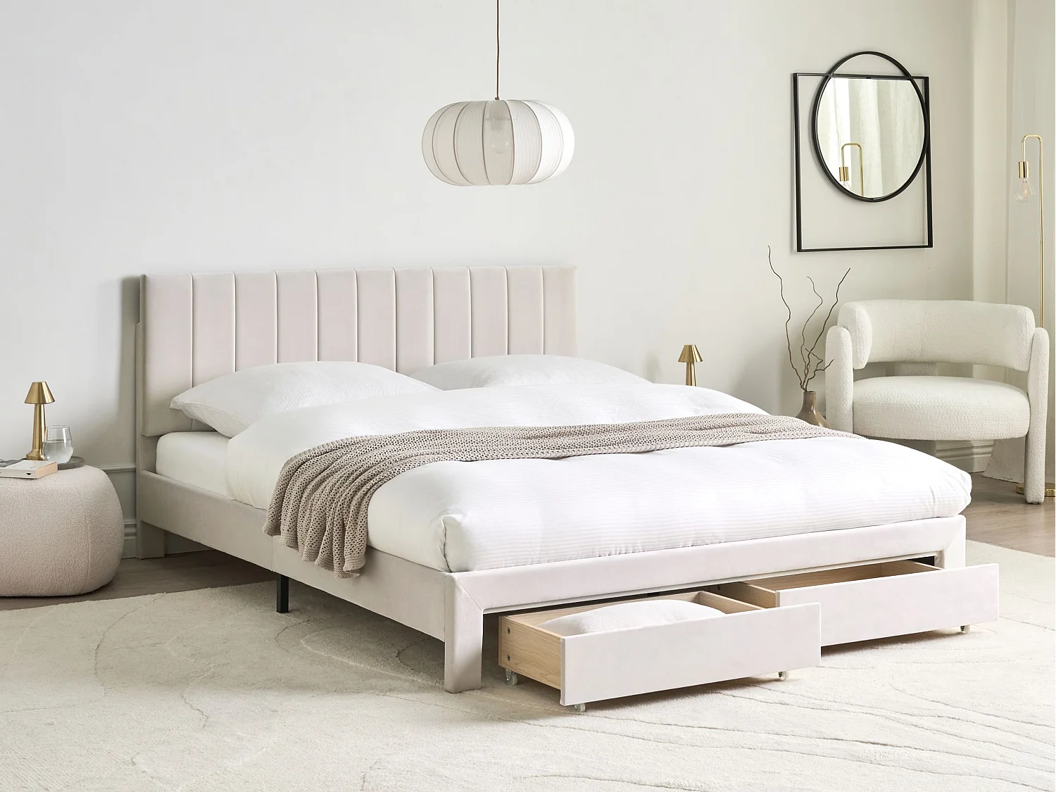 Lit avec tiroirs de rangement LONZAC Velours Blanc cassé 160 x 200 cm