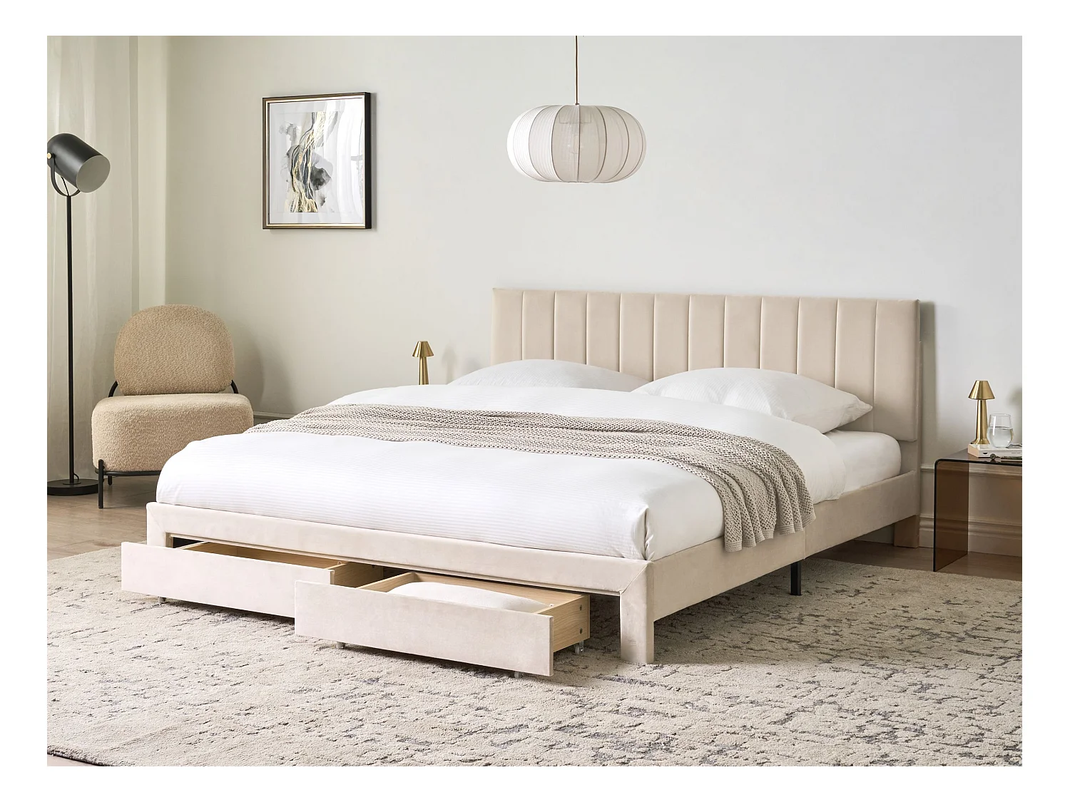 Lit avec tiroirs de rangement Velours LONZAC 180 x 200 cm Beige