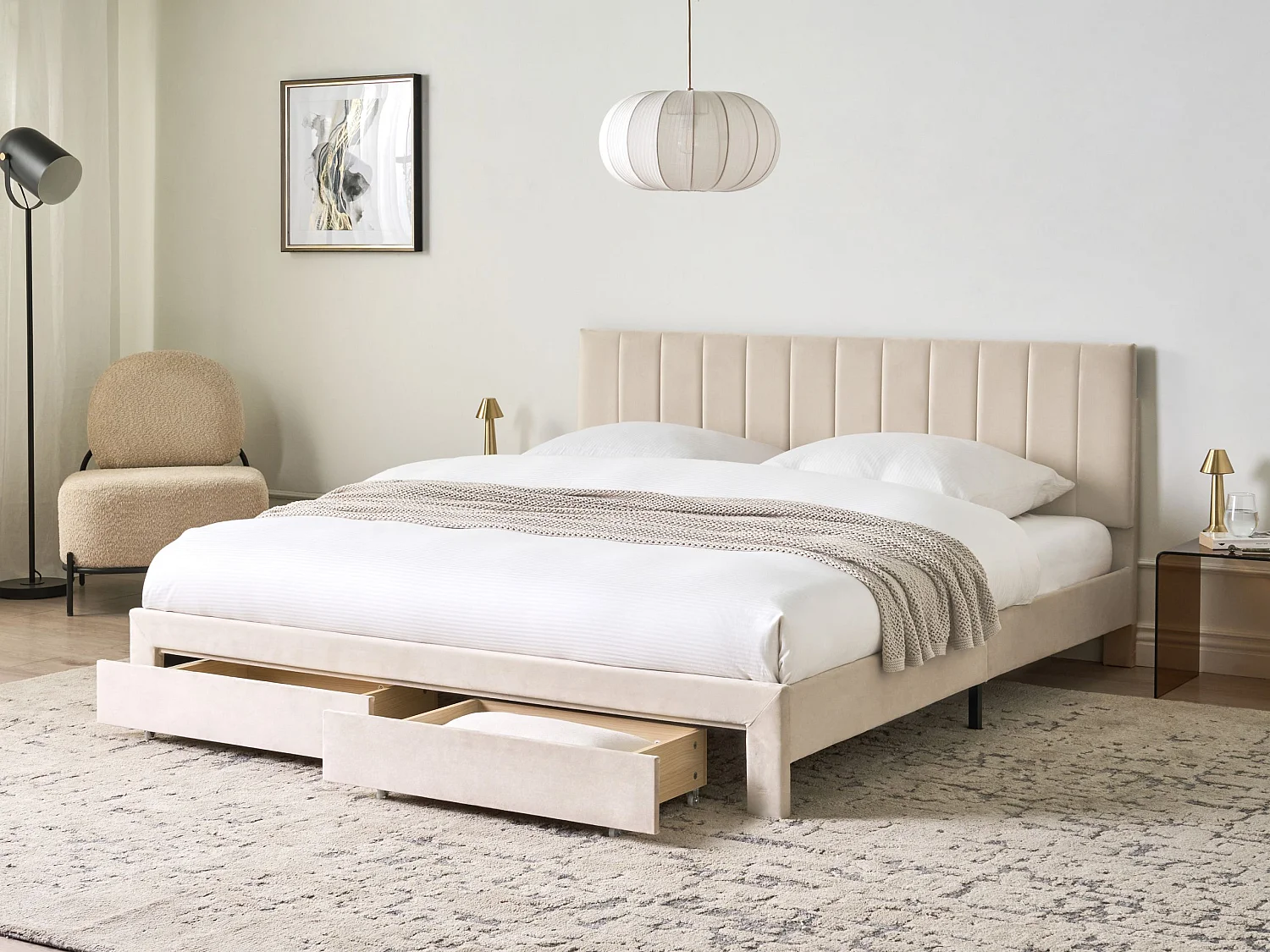 Lit avec tiroirs de rangement Velours LONZAC 180 x 200 cm Beige