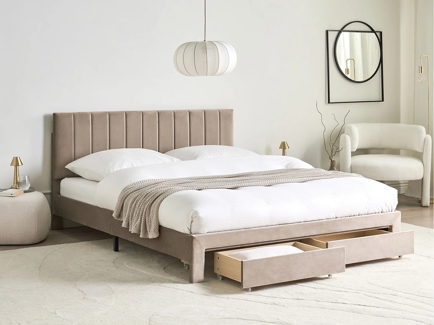 Lit avec tiroirs de rangement Velours LONZAC 160 x 200 cm Taupe