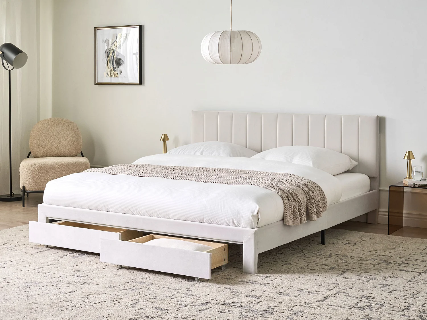 Bed with Storage Drawers LONZAC Velvet Off-White 180 x 200 cm (EU Super King)
