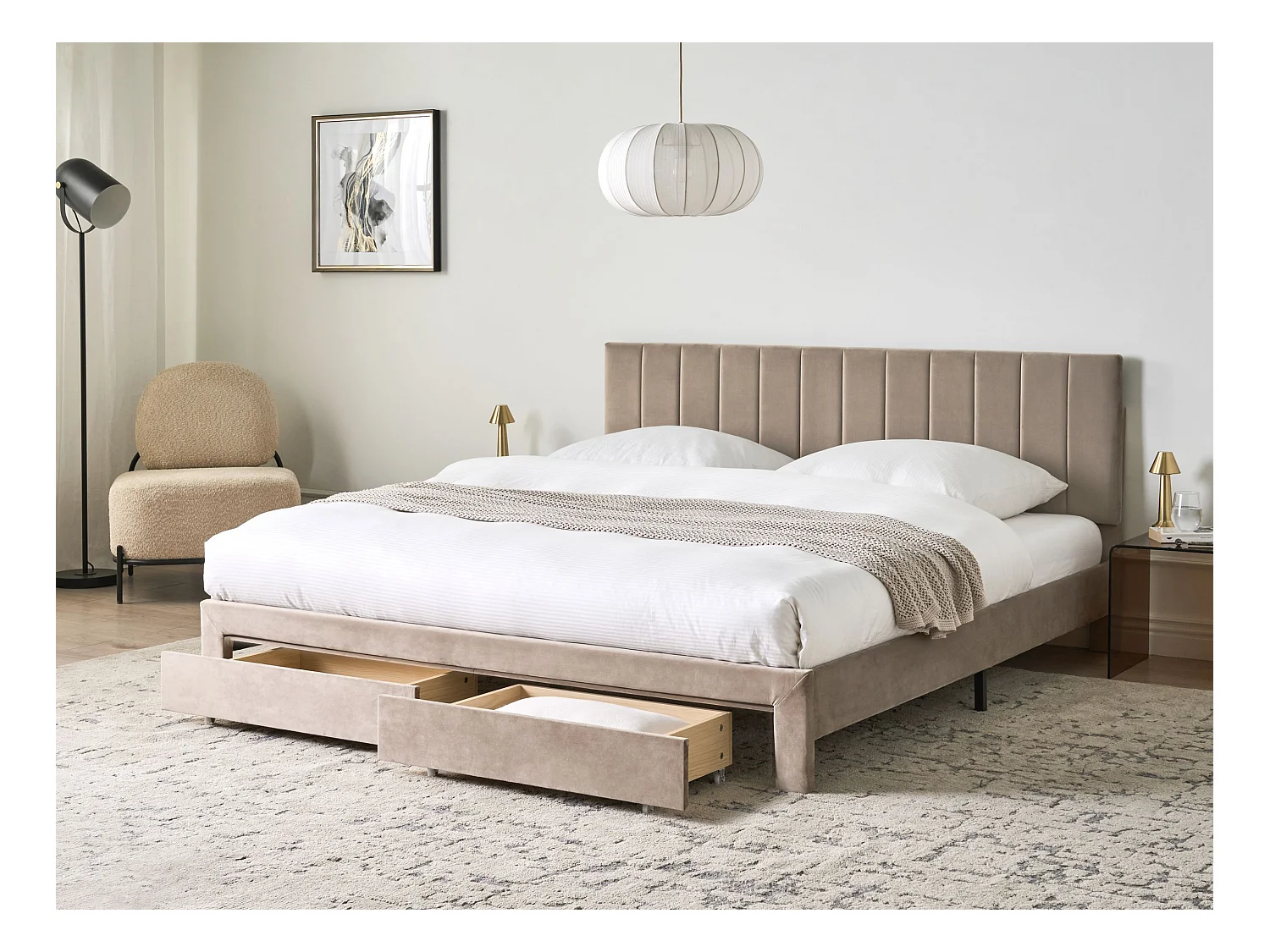 Lit avec tiroirs de rangement Velours LONZAC 180 x 200 cm Taupe