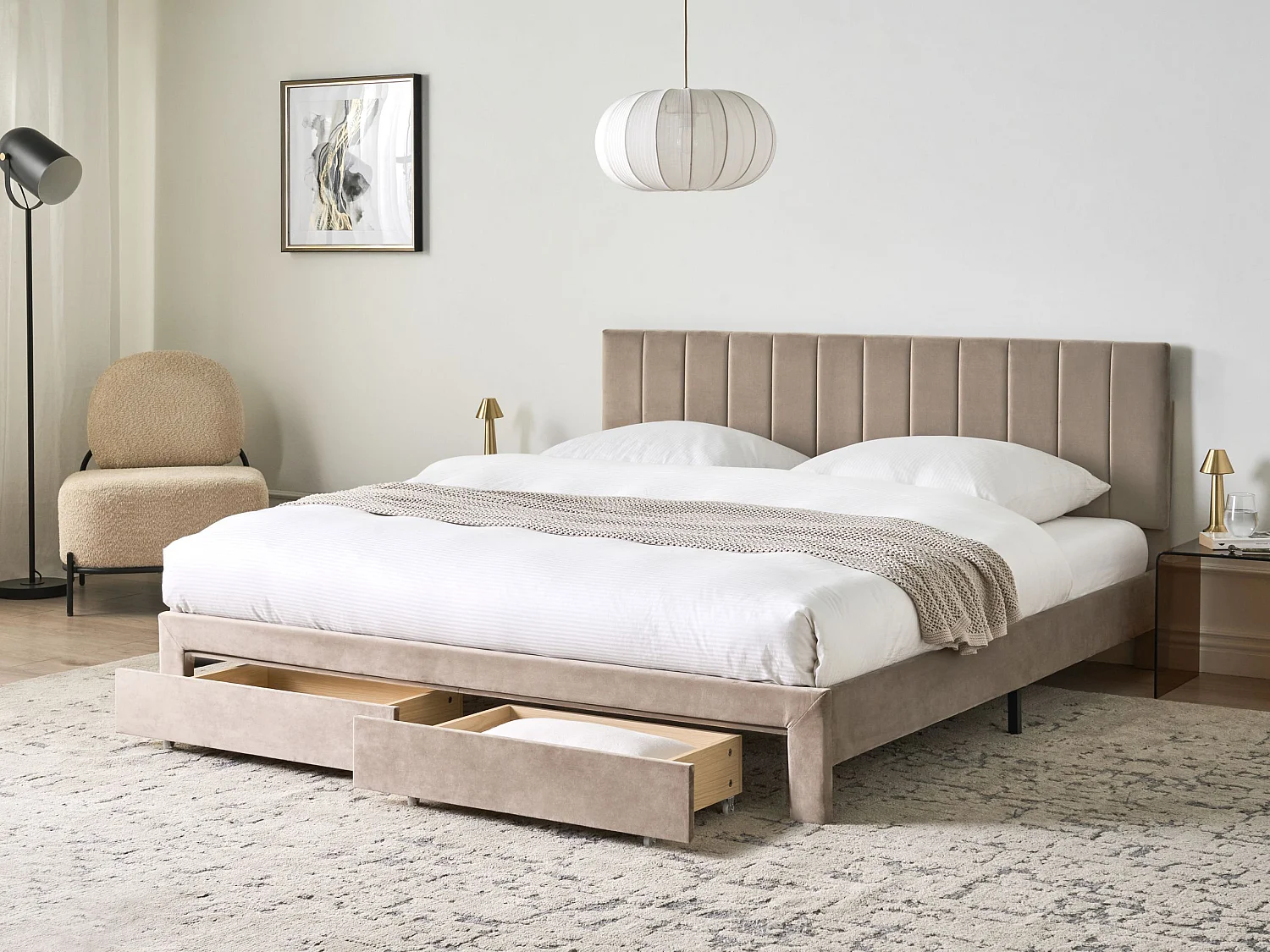 Lit avec tiroirs de rangement LONZAC Velours Taupe 180 x 200 cm