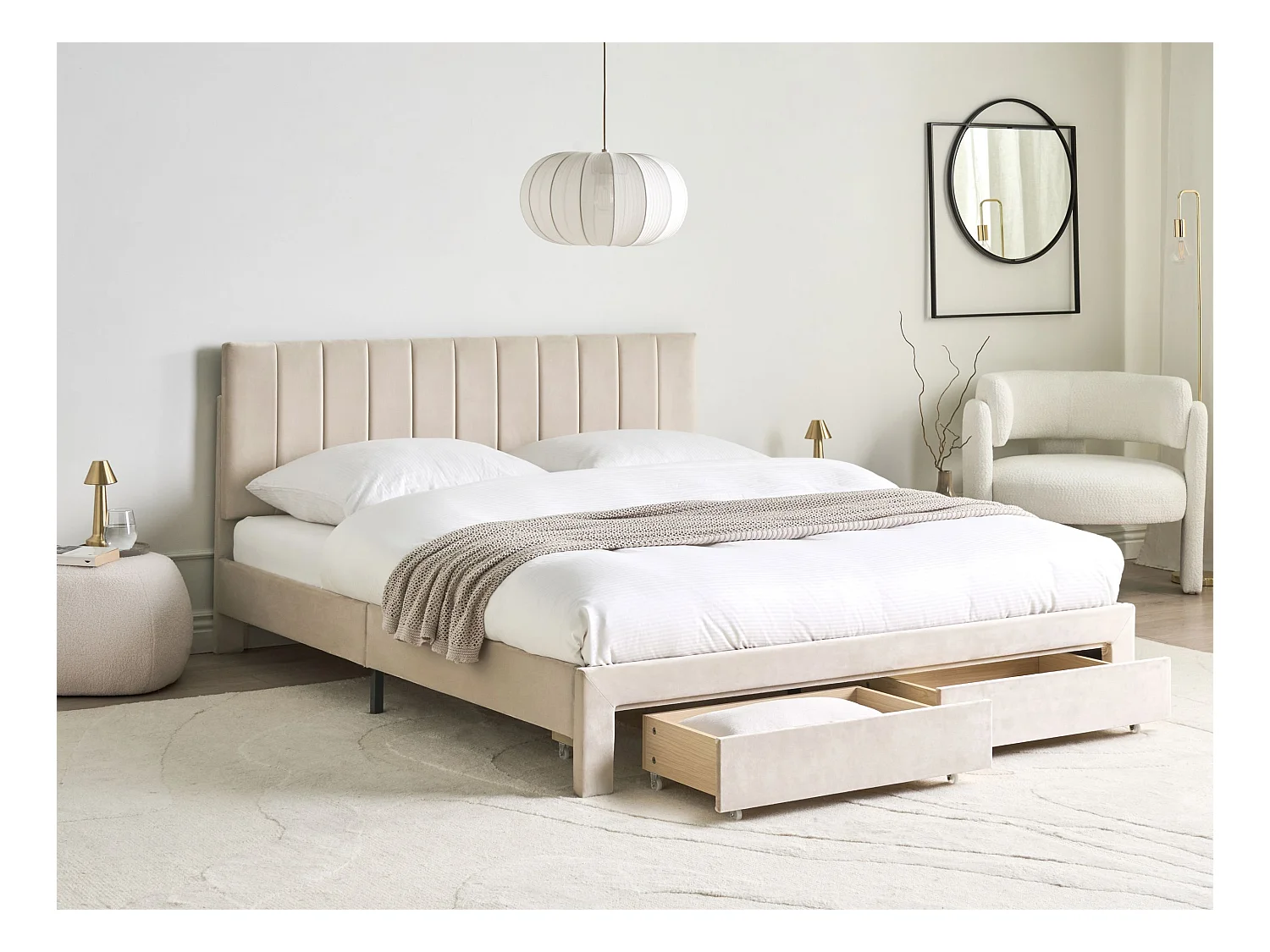 Lit avec tiroirs de rangement Velours LONZAC 160 x 200 cm Beige