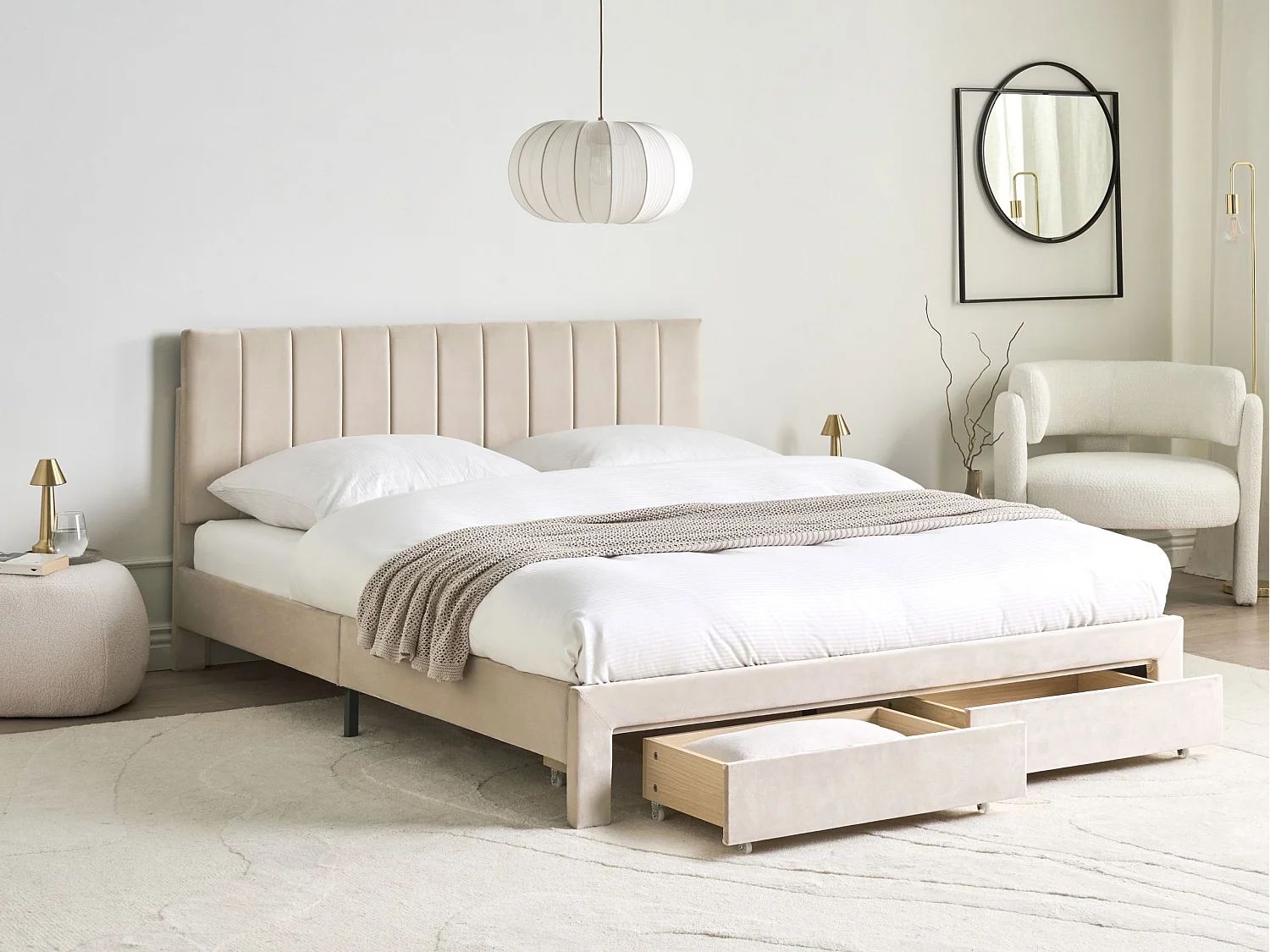 Bed with Storage Drawers LONZAC Velvet Beige 160 x 200 cm (EU King Size)