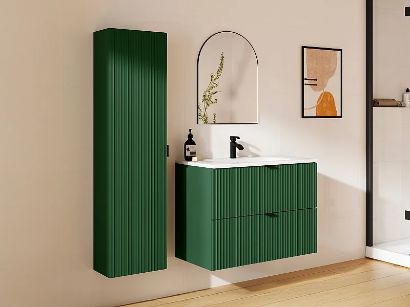 Wisząca szafka pod umywalkę prążkowana z umywalką nablatową i słupkiem - Matowa zieleń - 80 cm - ZEVINI