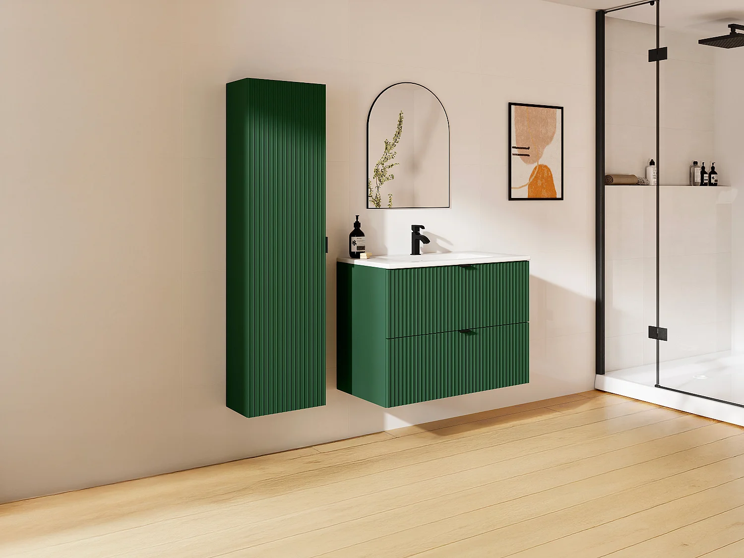 Meuble de salle de bain suspendu strié avec vasque à encastrer et colonne - Vert mat -  80 cm -ZEVINI