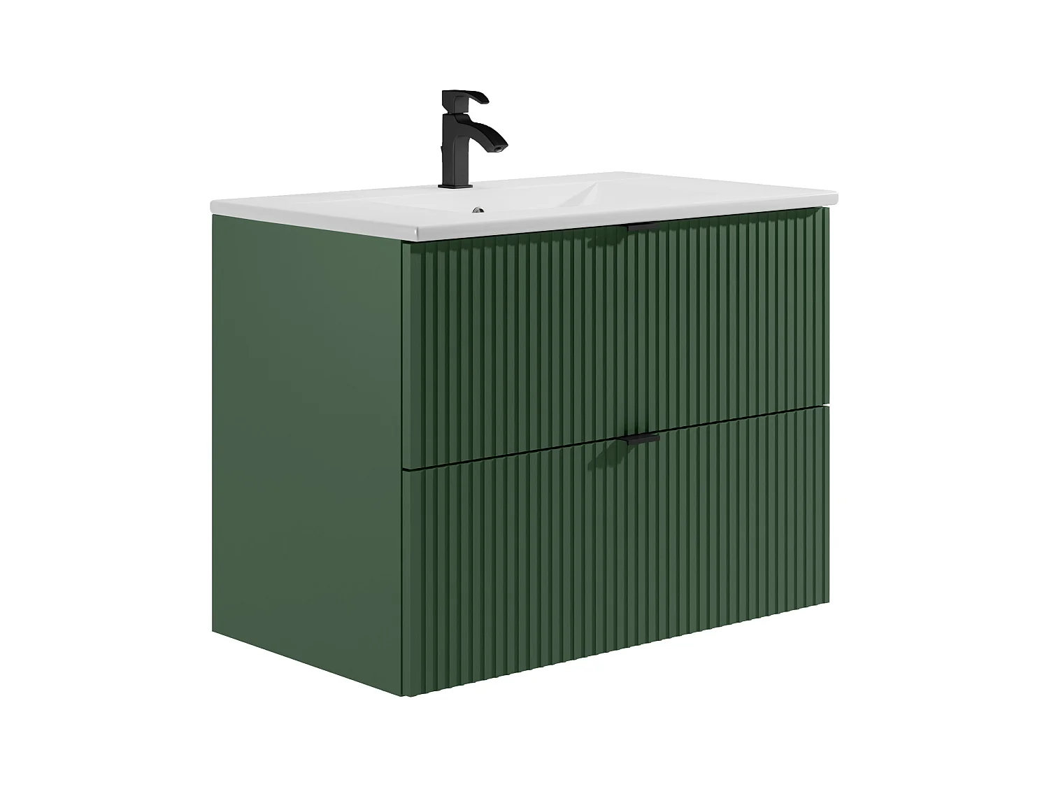 Meuble de salle de bain suspendu strié avec vasque à encastrer et colonne - Vert mat -  80 cm -ZEVINI