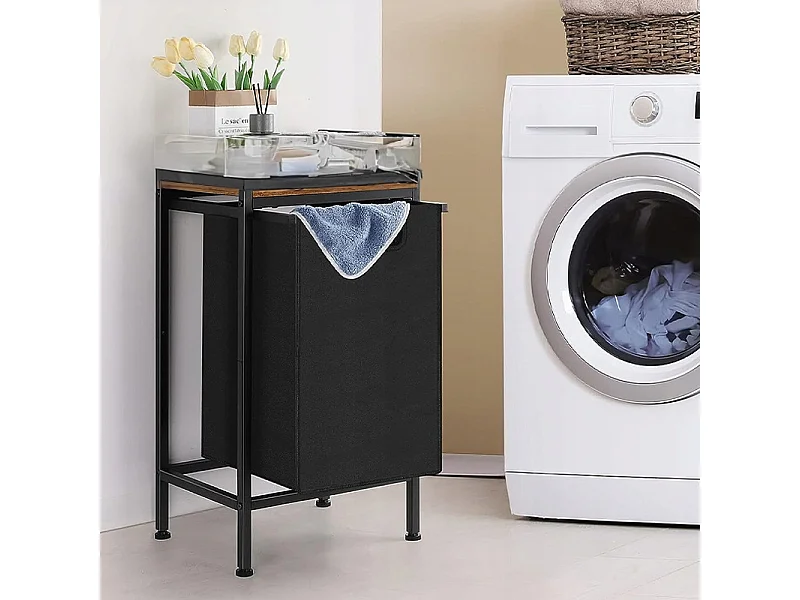 PANIER À LINGE AUTONOME AVEC ÉTAGÈRE INDUSTRIEL LOFT EN BOIS 72x50x33 CM