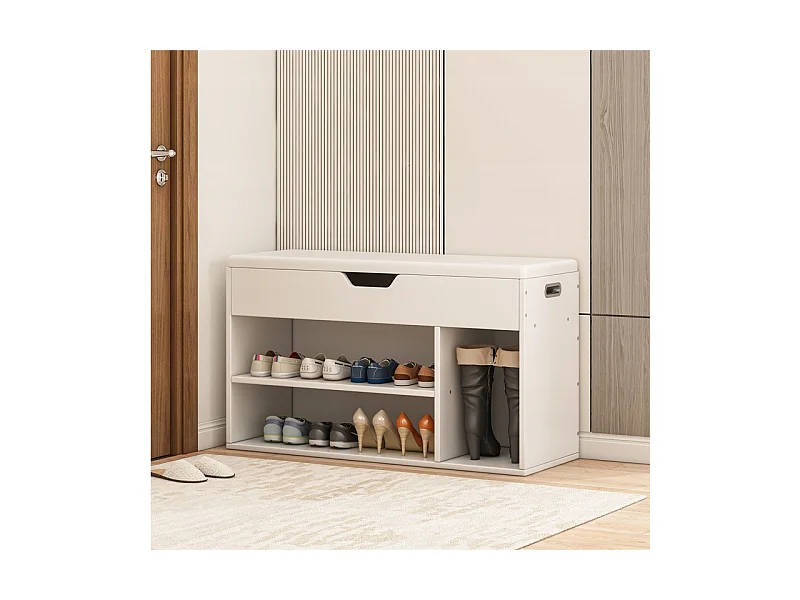 ARMOIRE À CHAUSSURES AVEC SIÈGE EN BOIS RANGEMENT 3 ÉTAGÈRES OUVRANTES BLANCHE 80 CM