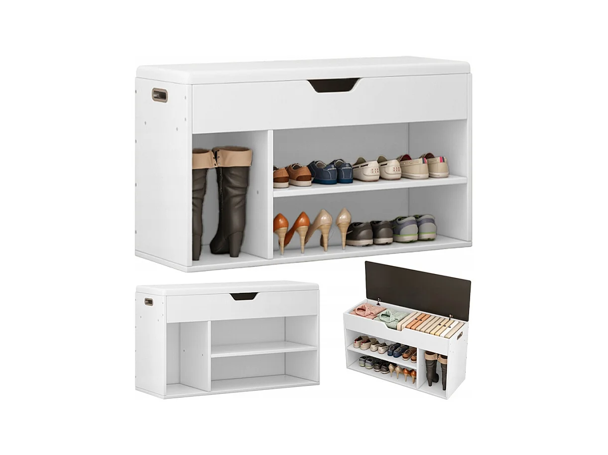 ARMOIRE À CHAUSSURES AVEC SIÈGE EN BOIS RANGEMENT 3 ÉTAGÈRES OUVRANTES BLANCHE 80 CM