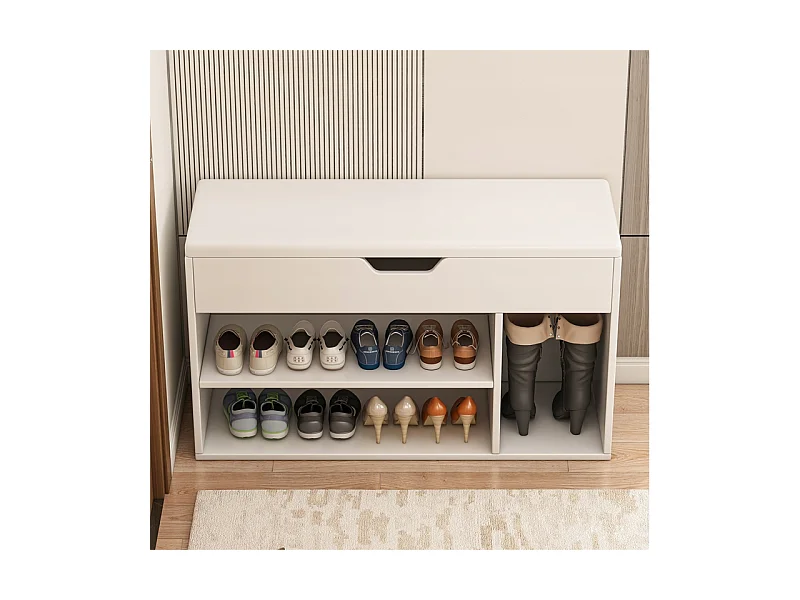 ARMOIRE À CHAUSSURES AVEC SIÈGE EN BOIS RANGEMENT 3 ÉTAGÈRES OUVRANTES BLANCHE 80 CM