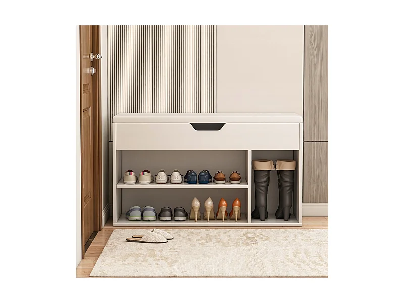 ARMOIRE À CHAUSSURES AVEC SIÈGE EN BOIS RANGEMENT 3 ÉTAGÈRES OUVRANTES BLANCHE 80 CM