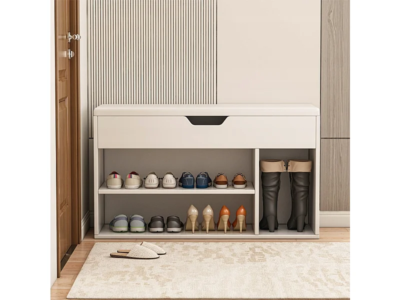 ARMOIRE À CHAUSSURES AVEC SIÈGE EN BOIS RANGEMENT 3 ÉTAGÈRES OUVRANTES BLANCHE 80 CM