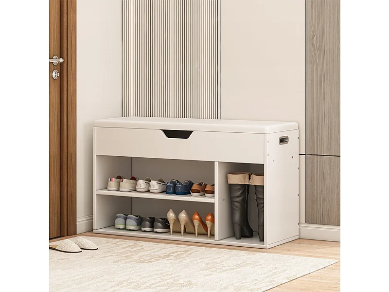 ARMOIRE À CHAUSSURES AVEC SIÈGE EN BOIS RANGEMENT 3 ÉTAGÈRES OUVRANTES BLANCHE 80 CM