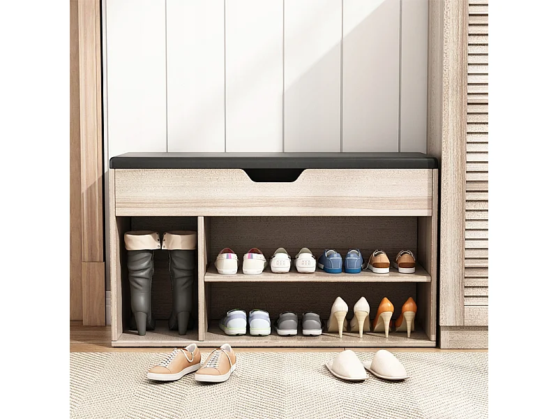 ARMOIRE À CHAUSSURES EN BOIS AVEC ASSISE, RANGEMENT, 2 ÉTAGÈRES, OUVERTURE, CHÊNE CLAIR