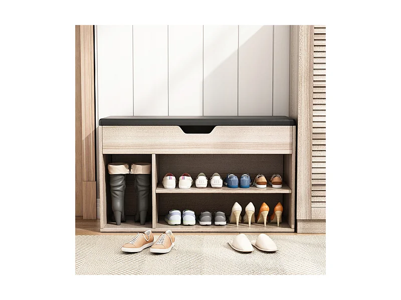 ARMOIRE À CHAUSSURES EN BOIS AVEC ASSISE, RANGEMENT, 2 ÉTAGÈRES, OUVERTURE, CHÊNE CLAIR