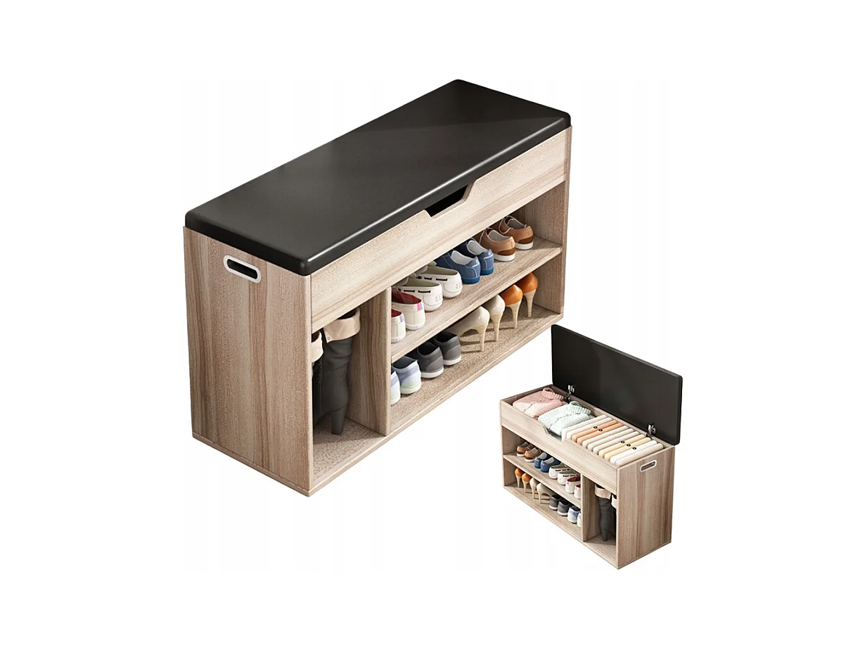 ARMOIRE À CHAUSSURES EN BOIS AVEC ASSISE, RANGEMENT, 2 ÉTAGÈRES, OUVERTURE, CHÊNE CLAIR