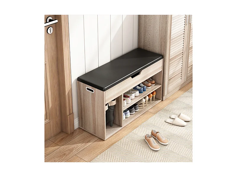 ARMOIRE À CHAUSSURES EN BOIS AVEC ASSISE, RANGEMENT, 2 ÉTAGÈRES, OUVERTURE, CHÊNE CLAIR